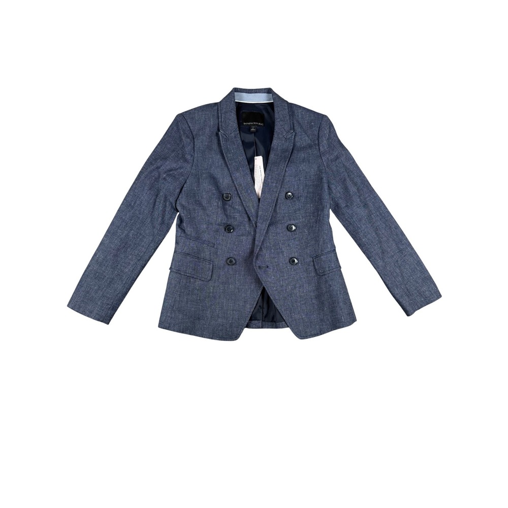 NWT Banana Republic Petite Blue Linen Blend Double Breasted Blazer Jacket Size 2
